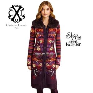 Christian Lacroix rare embroidered cardigan duster w/ removable dyed fur collar